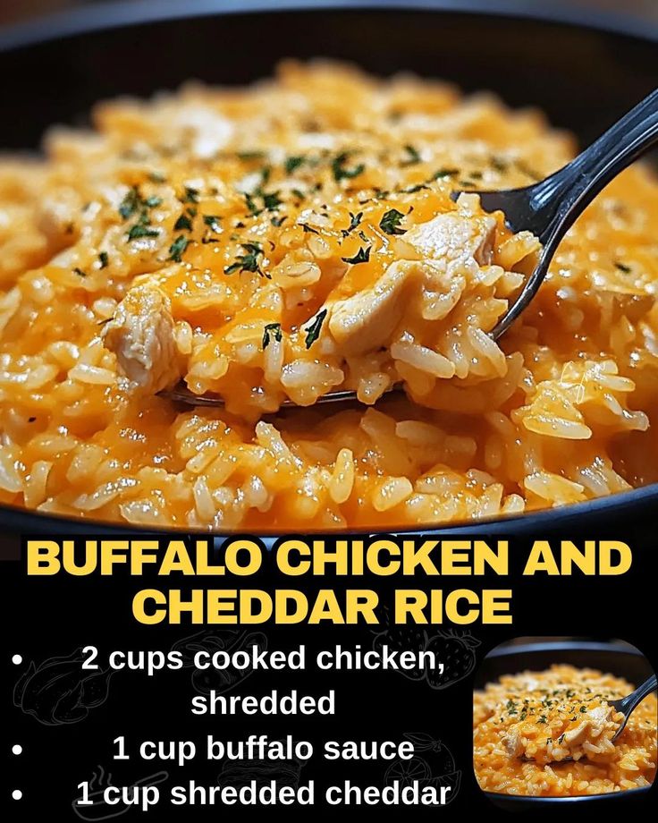 Buffalo Chicken and Cheddar Rice Buffalo Chicken And Cheddar Rice, Chicken With Buffalo Sauce, Buffalo Chicken And Rice, Buffalo Chicken Rice Bowl, Buffalo Chicken Rice, Cheddar Rice, Bacon Cheeseburger Meatloaf, Beef Tips And Noodles, Baked Meatloaf