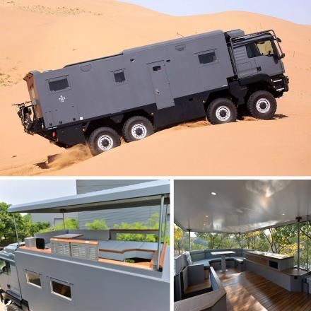 an armored vehicle is parked in the middle of sand dunes and on top of a bed