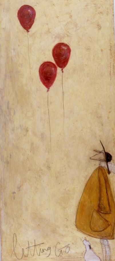 a painting of a person with red balloons in the air and a dog standing next to it