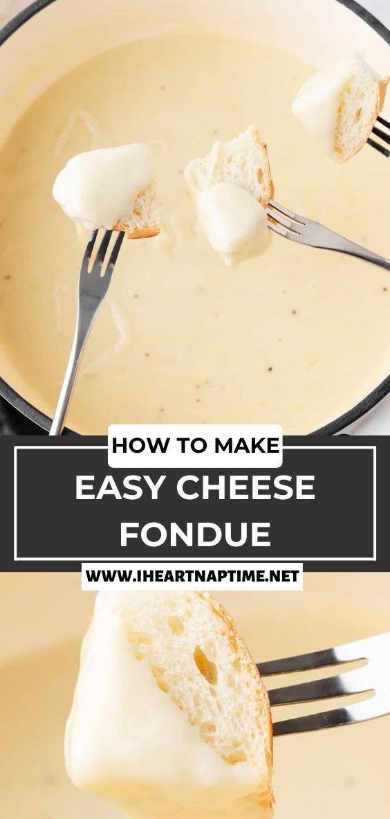 cheese fondue is being served in a skillet with a fork, and the text overlay reads how to make easy cheese fondue