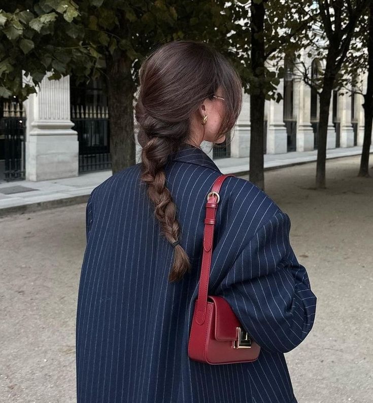 A Woman, Walking, Purse, Navy, Red, Blue