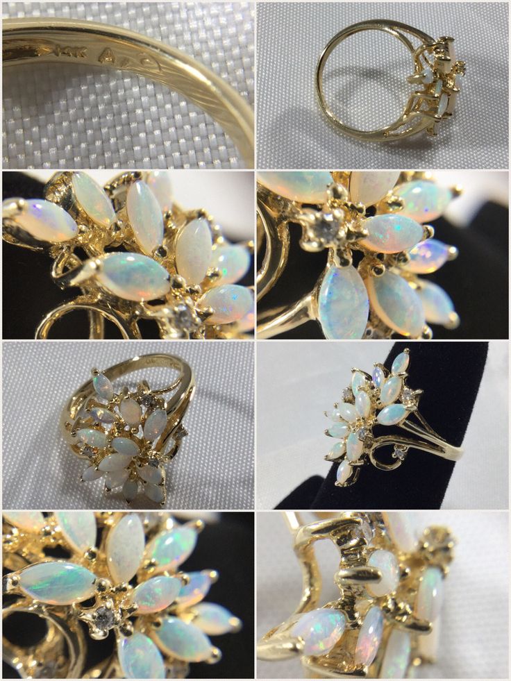 The past will always return in the fashion world and this piece is back for round two! In the 1920's ladies of class wore the most opulent dresses with jewelry to match. As the years continued, jewelry makers tailored pieces to fashion and trends which resulted in affordability for style. Presenting this Beautiful Ladies Vintage 14k Gold Opalescent White Opal Designer Ring Featuring Diamond Accents With Floral Inspired Design. This wonderful ring boasts 12 Marquise Cut Opals measuring 3-4 mm lon Elegant Round Opal Ring For Formal Events, Elegant Round Opal Ring For Formal Occasions, Vintage Jewelry With Accent Stones For Wedding, Antique Marquise Jewelry For Wedding, Antique Marquise Wedding Jewelry, Vintage Wedding Jewelry With Accent Stones, Elegant 14k Gold Opal Ring For Formal Occasions, 14k Gold Gemstone Jewelry For Evening, Art Deco Yellow Gold Jewelry With Accent Stones