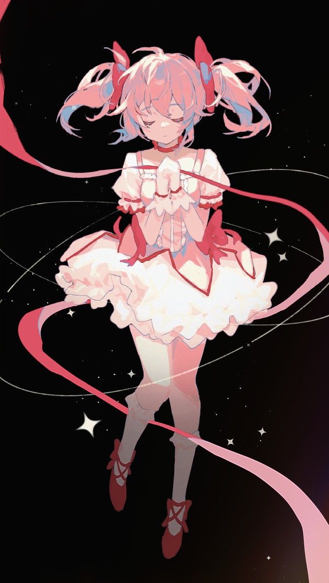 an anime character with pink hair and white dress, standing in front of a black background