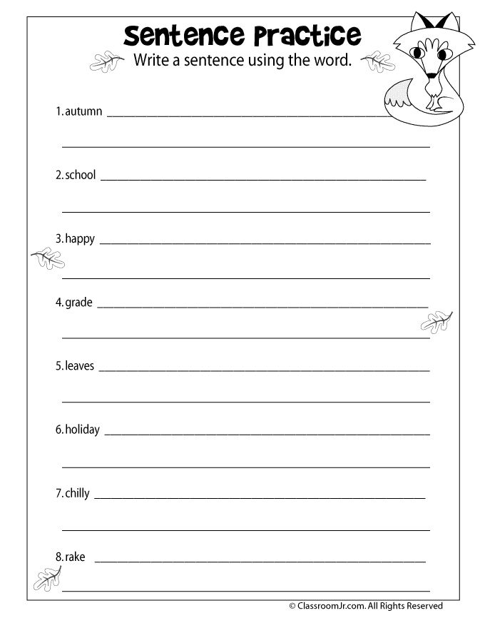 sentence practice worksheet for students to use in their writing and spelling skills, including