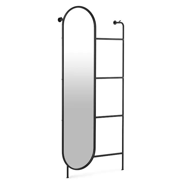 a tall metal shelf with a mirror on it