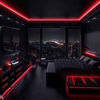 a bed room with a neatly made bed and red lights