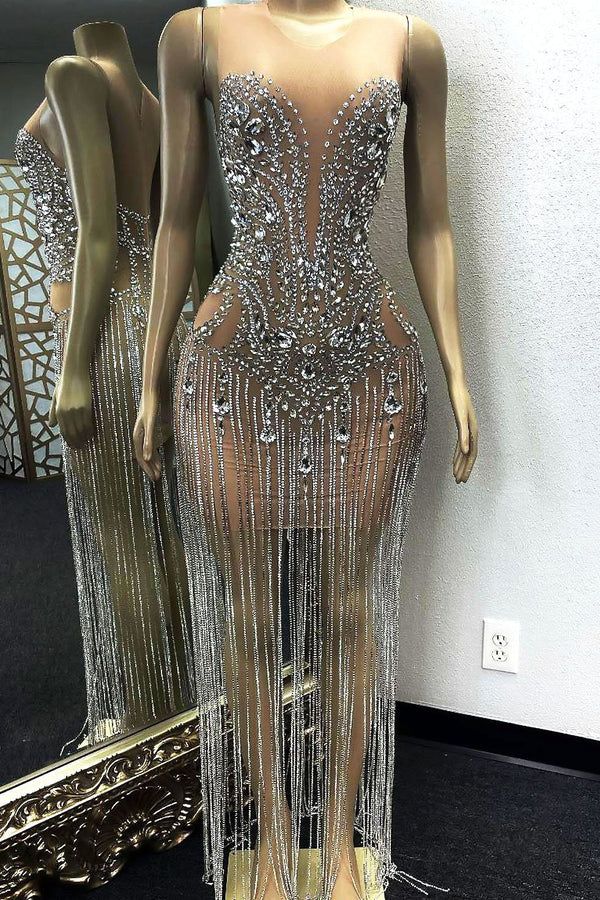 Luxury Rhinestone Wedding Evening Dress, Luxury Glamorous Bedazzled Gown, Elegant Dresses For Glamorous Events And Prom Season, Elegant Dresses For Prom And Glamorous Events, Elegant Dresses For Glamorous Prom Events, Elegant Dresses For Prom Season And Glamorous Events, Glamorous Embellished Gown For Glamorous Events, Glamorous Rhinestone Fringe Prom Evening Dress, Rhinestone Dresses For Prom And Glamorous Events