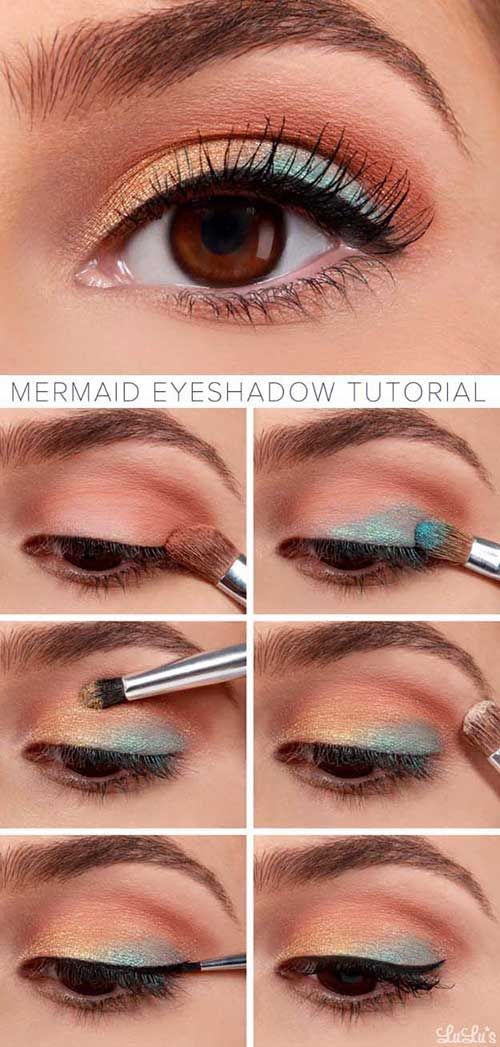 Mermaid Eyeshadow, Eyeshadow Inspiration, Mermaid Makeup Tutorial, Make Up Mata, Brown Eye Makeup Tutorial, Mermaid Eyes, Mermaid Beauty, Yellow Makeup, Peach Makeup