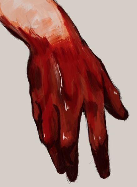 a drawing of a hand with red paint on it's fingers and thumbnails