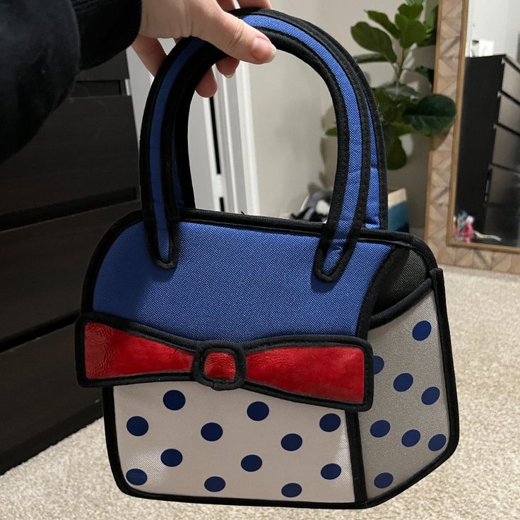 Blue And Polka Dot With Red Boy Handbag. Super Cute 2d Design Bag. Never Used Rare! Blue Handheld Shoulder Bag, Blue Pouch Satchel For Shopping, Blue Box Bag Pouch For Shopping, Blue Pouch Box Bag For Shopping, Blue Box Bag For Shopping, Blue Pouch Box Bag As Gift, Retro Blue Top Handle Shoulder Bag, Blue Satchel Box Bag For Gift, Blue Top Handle Box Bag For Gift