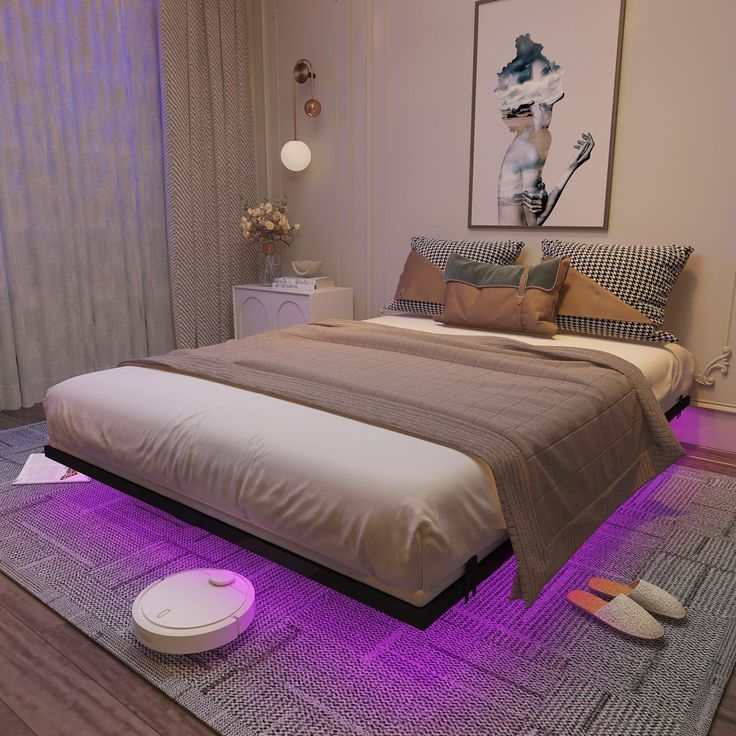 a bed with purple lights on the floor in a white room next to a window