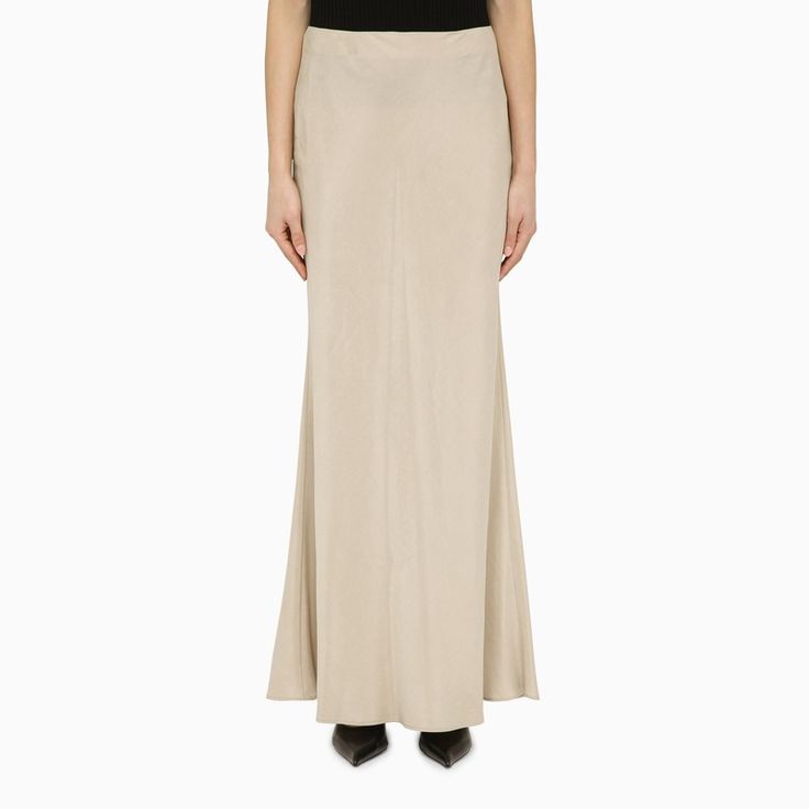 Beige linen-blend long skirt by Max Mara Studio features a flared skirt and back zip fastening. Spring Evening Beige Maxi Skirt, Beige Maxi Skirt For Spring Evening, Beige Flared Evening Skirt, Formal Beige Relaxed Fit Maxi Skirt, Spring Evening Flare Skirt, Flare Skirt For Spring Evening, Elegant Flare Flowy Skirt, Chic Evening Skirt With Flared Hem, Elegant Flared Relaxed Skirt