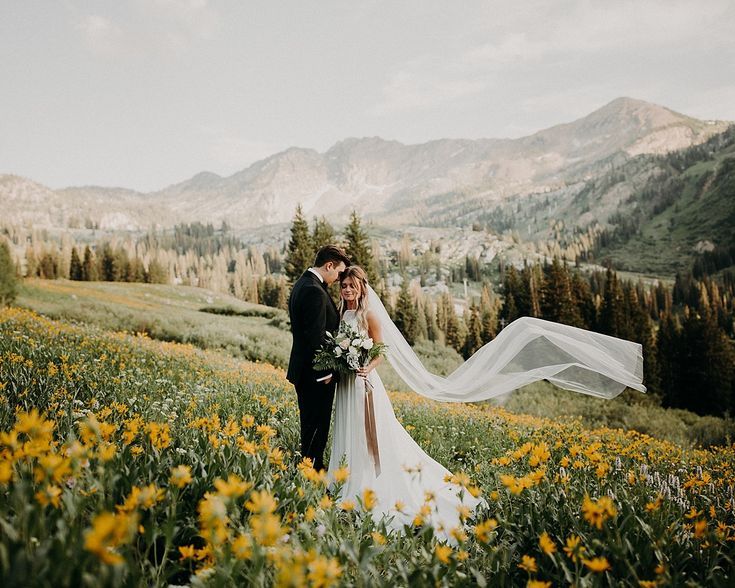 a bride and groom standing in the middle of a field with mountains in the background