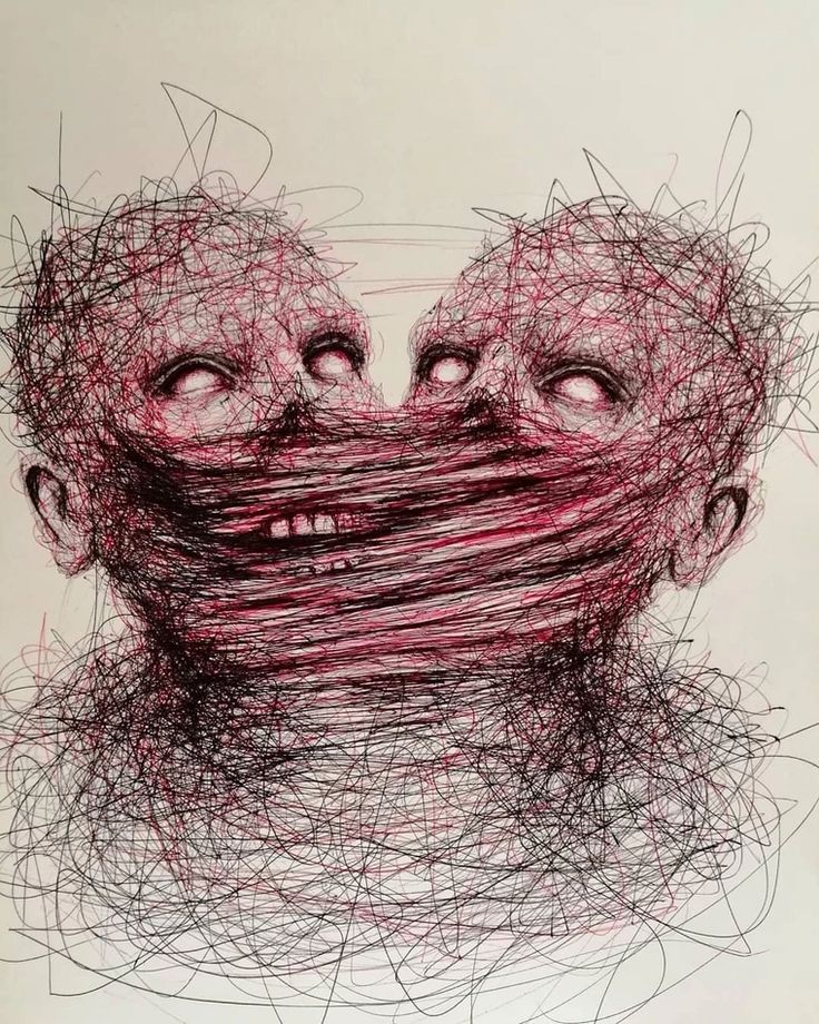 a drawing of two people with their faces covered in lines