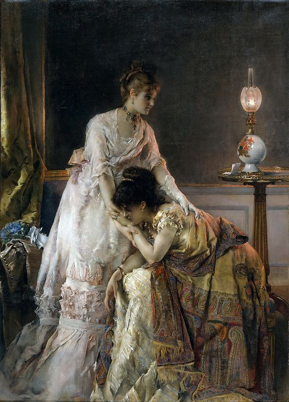 a painting of two women sitting next to each other near a lamp on a table