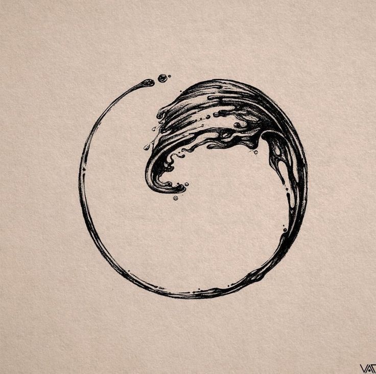 an ink drawing of a wave in a circle