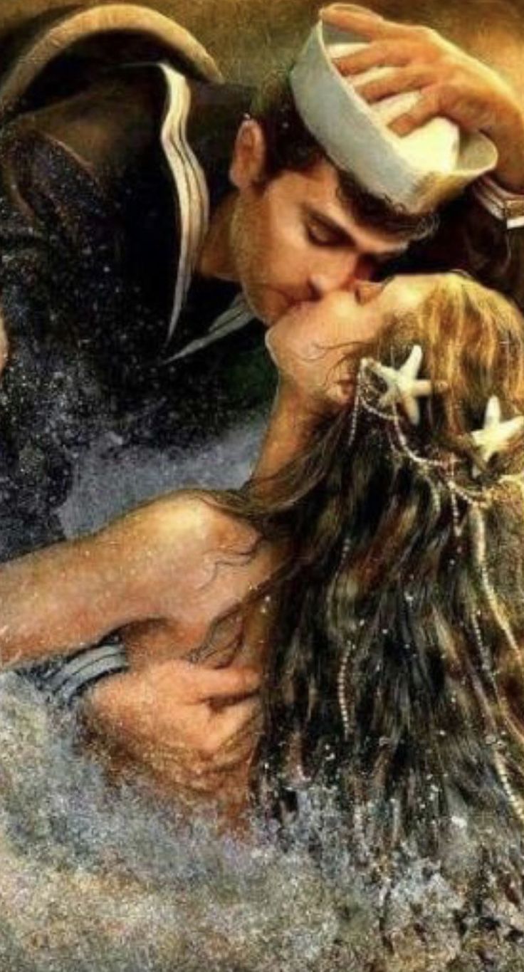 a painting of a man kissing a woman in the water with her head on his shoulder