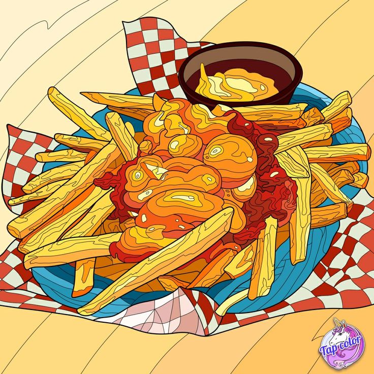 a painting of french fries and ketchup on a plate