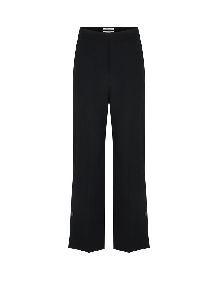 Fluid trousers with unique double buttoned side vented detailing. - Mid-rise, straight leg- Flat front, pressed crease. - Zip front, tab closure- Split, double buttoned hem- Side slip pockets, faux back welt pockets- 100% Polyester- 2" seam allowance- Small: Waist 26.5", Length 40.5", Rise 12.5", Inseam 30"- Med: Waist 28", Length 40.5", Rise 12.5", Inseam 30" - Dry clean- Imported Ankle-length Business Casual Dress Pants With Buttons, Ankle-length Dress Pants With Buttons For Business Casual, Chic Formal Wide Leg Pants With Button Closure, Ankle-length Business Casual Pants With Buttons, Chic Formal Dress Pants With Button Closure, Wide-leg Office Pants With Button Closure, Office Wide-leg Pants With Button Closure, Wide-leg Pants With Button Closure For Office, Chic Trousers With Button Zip Fly