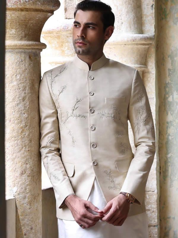 Color: Off-WhiteFabric: Raw SilkElegant prince coat features rich quality embellishments accentuate on front and sleevesFront buttons closureComplement with matching kurta pajama  Additional Accessories:Peshawari Sandal / Khussa: US$50Note: Price of this prince coat suits includes only 3 pieces i.e. prince coat, kurta and pajama (or whatever bottom is mentioned in product description). Extra charges will apply for any additional accessories like shawl, shoes, jewellery etc. Prince Coat, Coat Set, Vine Pattern, Kurta Pajama, A Prince, Floral Vine, Tuxedos, Suits Coats, Raw Silk