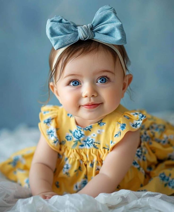 a baby girl with blue eyes and a bow in her hair