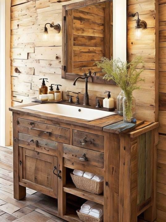 a rustic style bathroom with wooden walls and flooring, including a double sink vanity