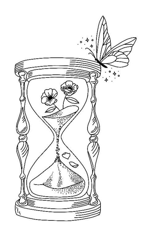 an hourglass with flowers and butterflies inside