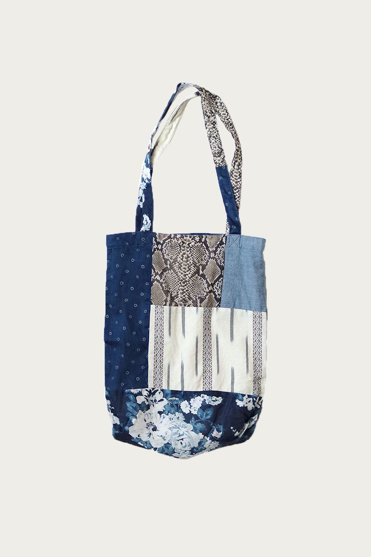 Kapital - Patchwork NOVEL Tote Bag - Indigo - Canoe Club Everyday Hobo Shoulder Bag With Patchwork, Patchwork Shoulder Bag For Everyday, Rectangular Patchwork Hobo Bag For Daily Use, Everyday Patchwork Rectangular Hobo Bag, Everyday Patchwork Hobo Shoulder Bag, Everyday Rectangular Patchwork Hobo Bag, Blue Patchwork Bag, Patchwork Hobo Tote Bag, Cotton Patchwork Tote Bag