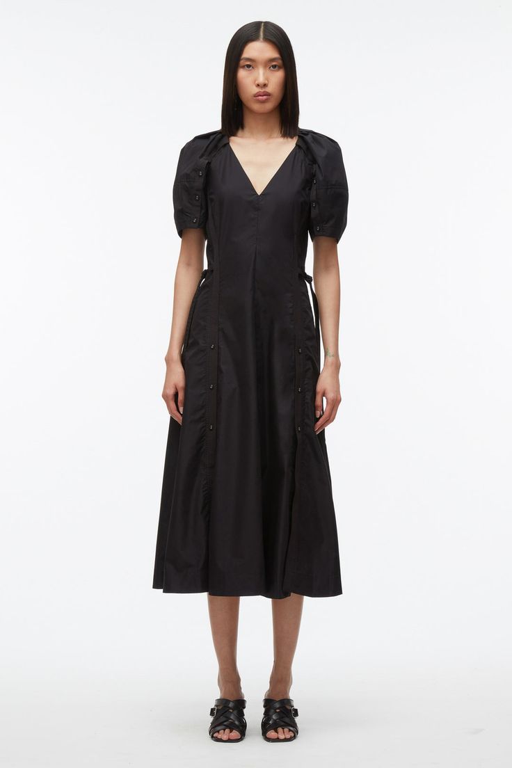 Bloom Sleeve V-Neck Dress – 3.1 Phillip Lim Spring Evening V-neck Dress With Gathered Sleeves, Elegant Poplin Summer Dress, Elegant Poplin Dress For Summer, Elegant Summer Poplin Dress, Spring Voluminous Dress With Ruffle Hem, Chic V-neck Dress With Gathered Sleeves For Spring, Voluminous V-neck Spring Dress, Elegant Poplin Daywear Dresses, Chic Poplin Dress For Workwear