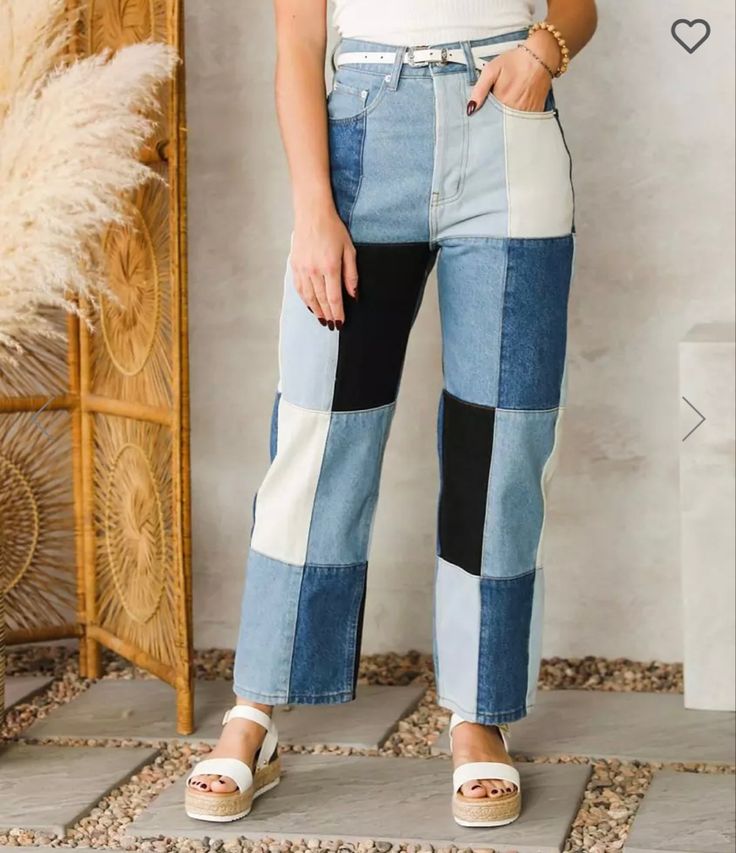 Shop these on this link! Jeans Patterns For Women, Two Color Jeans, Patched Jeans Outfit, Colorful Jeans, Funky Jeans, Fun Jeans, Patchwork Denim Jeans, Colorblock Pants, Unique Jeans