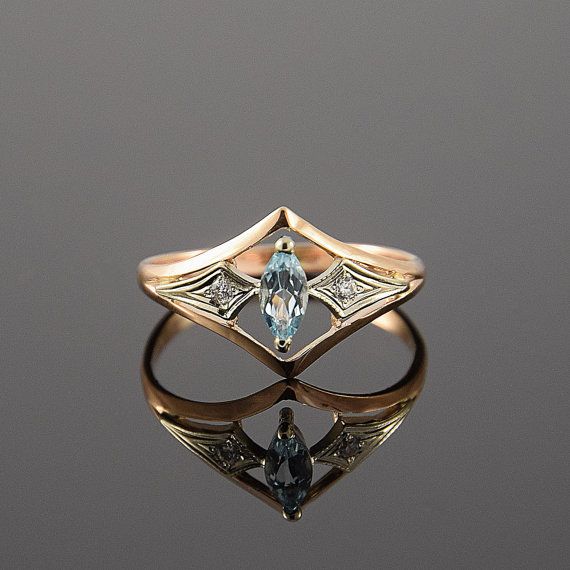 Art deco ring Topaz ring Gold art deco ring by JewelryAsteria Gold Topaz Ring, Topas Ring, Bijoux Art Deco, Bijoux Art Nouveau, Ring Marquise, Engagement Ring Rose Gold, Marquise Ring, Blue Stone Ring, Art Deco Engagement