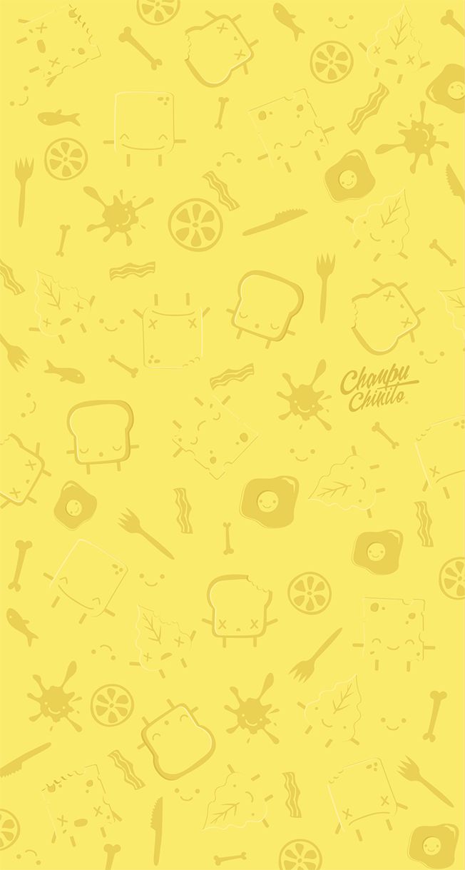 a yellow wallpaper with different types of food and utensils all over it