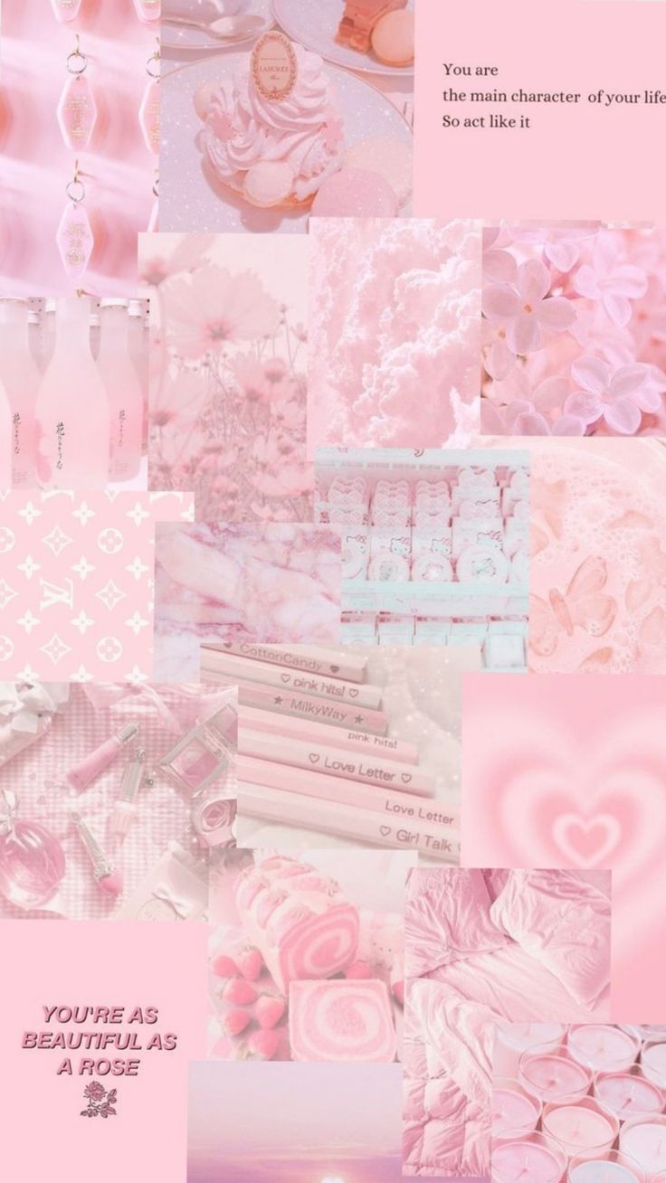 a collage of pink and white images with hearts, flowers, candles and other things