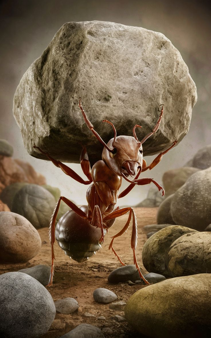 an ant carrying a rock on its back