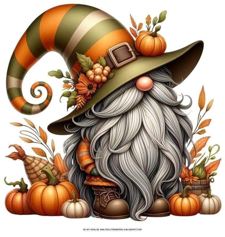 an image of a gnome with pumpkins and gourds