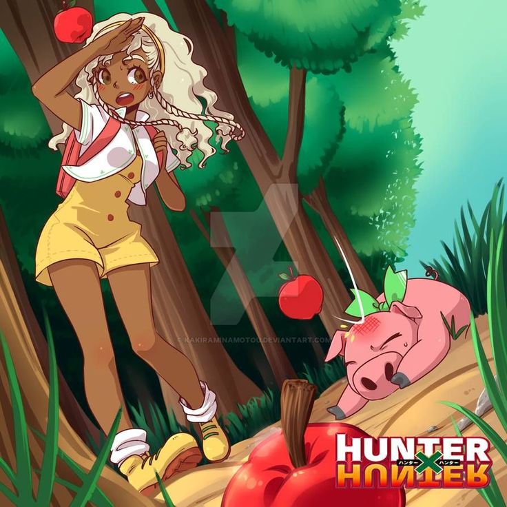 a cartoon girl in the woods with an apple on her head and another pig behind her