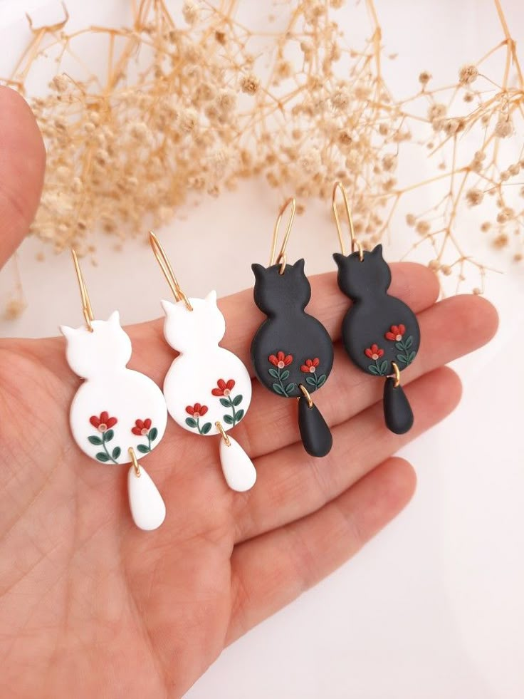 Cat earrings |cat polymer clay earrings |black cat earrings|white cat earrings Black Cat Polymer Clay Earrings, Polymer Clay Creations Earrings, Polymer Cat Earrings, Mini Polymer Clay Earrings, Polymer Clay Turtle Earrings, Whimsical Clay Earrings, Polymer Clay Kawaii Earrings, Handmade Polymer Clay Earrings, Polymer Clay Ideas Jewelry