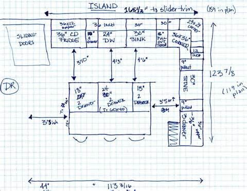 a blueprinted drawing of a kitchen layout