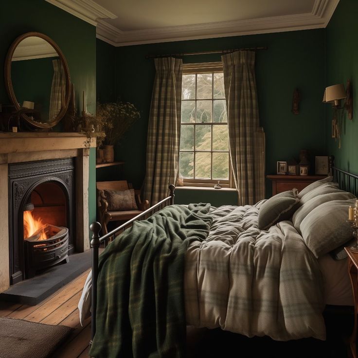 Moody Bedroom Fireplace, Dark Cottagecore Aesthetic Bedroom, Rustic Cozy Bedroom, Black And Dark Green Bedroom, Old English Bedroom, English Style House, Blue Green Bedrooms, Bedroom With Fireplace, Jake Johnson