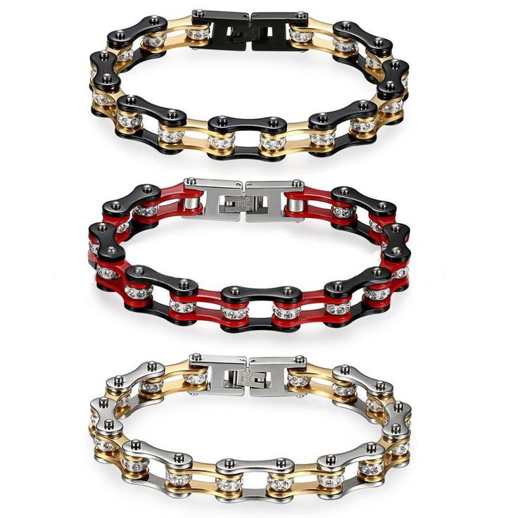 three different colored bracelets with silver, gold and black beads