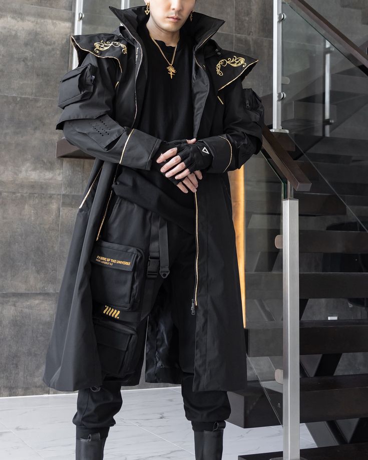 Techwear Trench Coat, Fantasy Techwear, Male Cyberpunk Outfit, Cyberpunk Male Outfit, Cyberpunk Oc Male, Cyberpunk Coat, Cyberpunk Outfit Male, Futuristic Streetwear, Cyberpunk Samurai