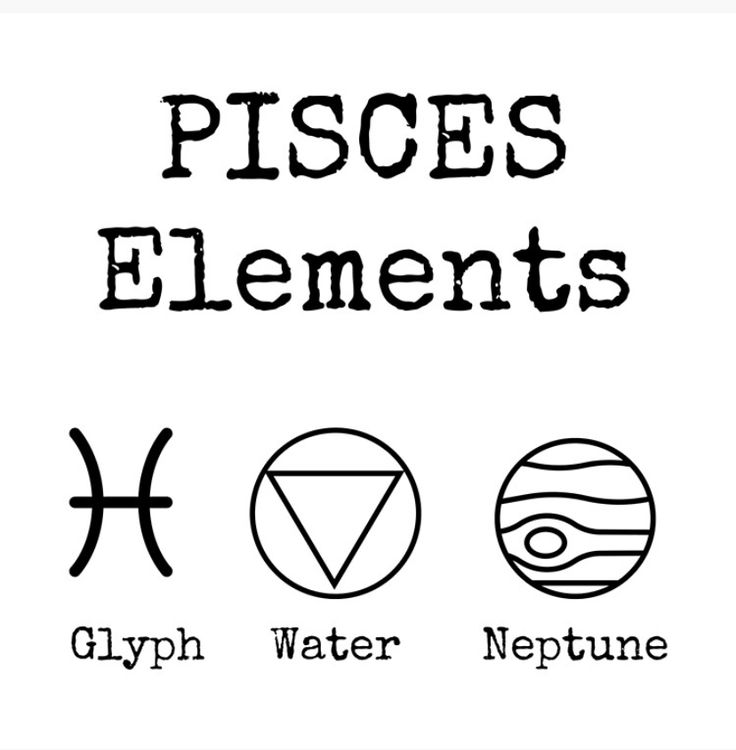 pisces elements are shown in black and white with the words, glyphh water, neptune