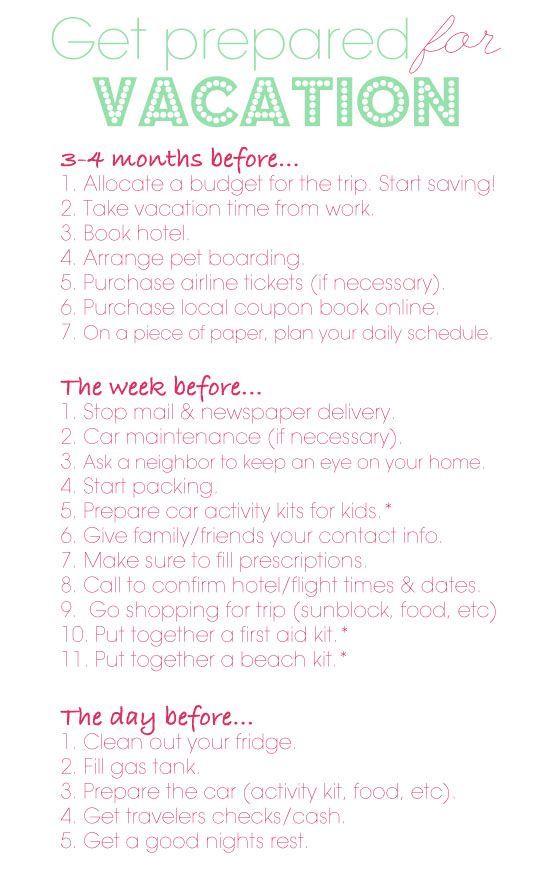 a printable vacation checklist with the words get prepared for vacation in green and pink