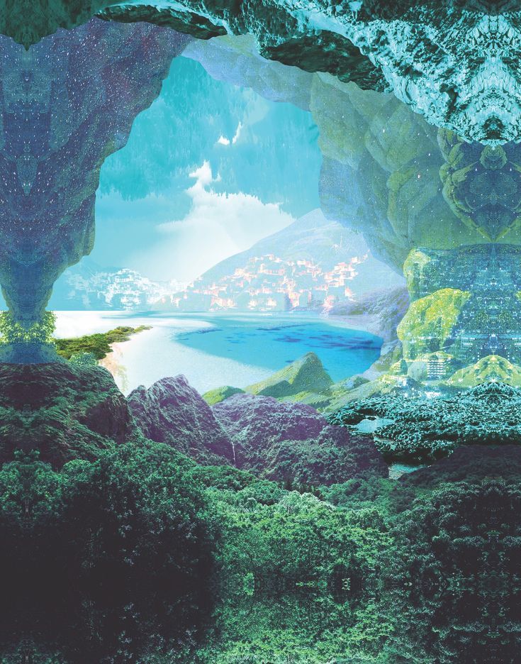 the inside of a cave with water and mountains in the background