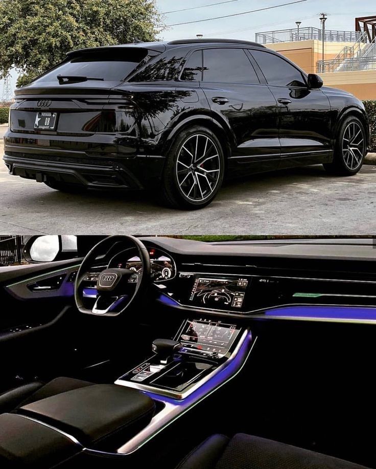 the inside and outside view of a black range rover in front of a parking lot