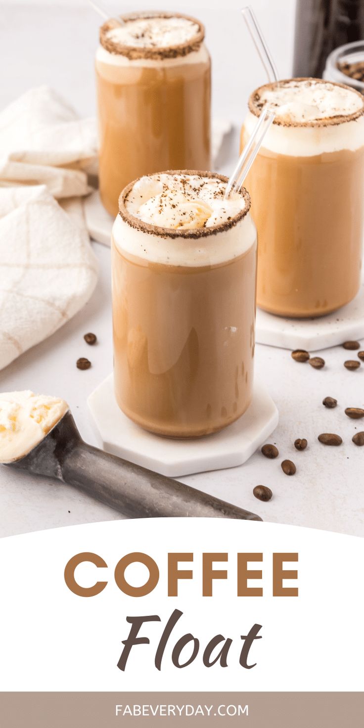 two glasses of coffee float on a white plate