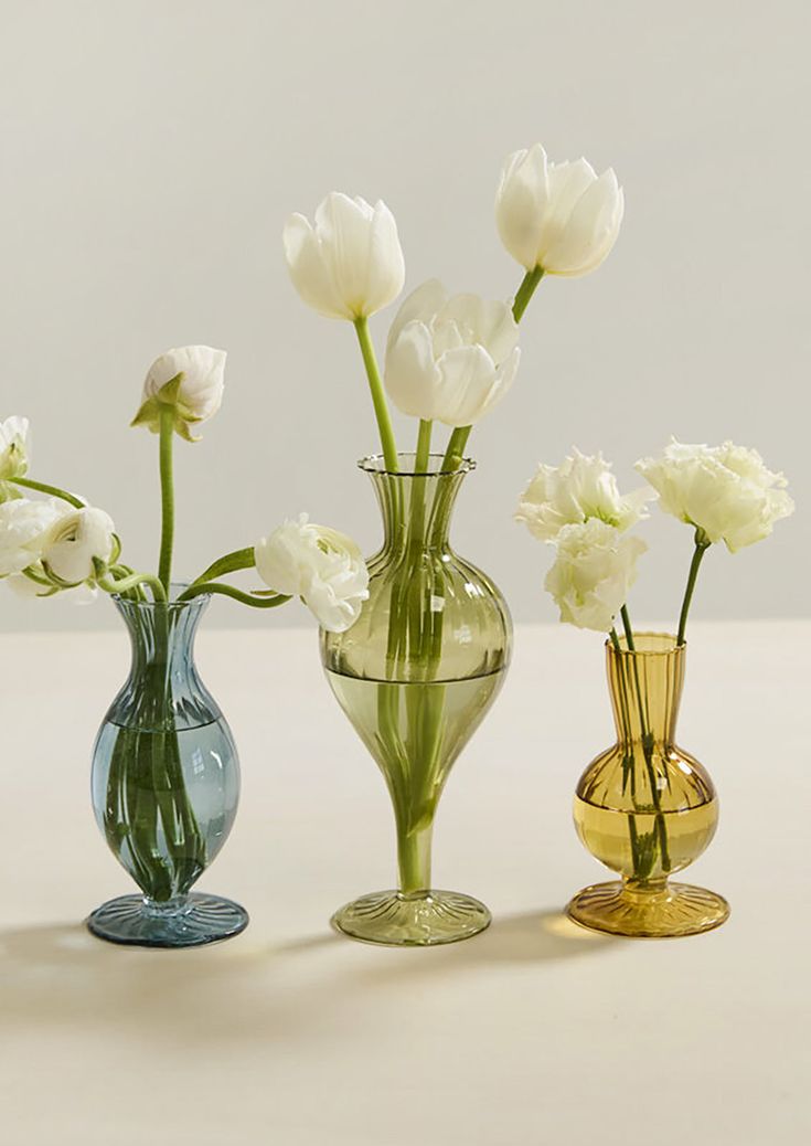 three vases with white flowers in them on a counter top next to each other