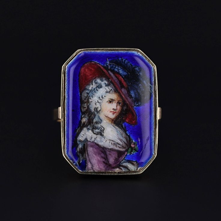 Artisans were inspired by the changing roles of women in society and began depicting the feminine form in brooches, bracelets, rings and more. This ring was converted from an antique pin (circa 1880) by removing the pin stem and adding a 14k gold mounting. The enamel piece depicts a finely dressed 18th century woman. The face of the ring measures 0.85 inches by 0.65 inches wide. It is in very good condition with a small surface scratch to the bottom right corner. It is currently a size 7 but can Women In Society, Antique Rings Victorian, 18th Century Women, Antique Pins, Jewelry Post, Victorian Rings, Enamel Ring, Gold Enamel, Antique Shops