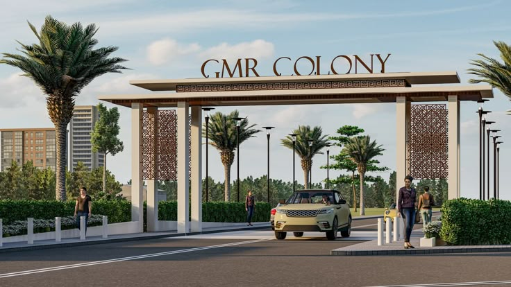 an artist's rendering of the entrance to gmr colony in palm trees