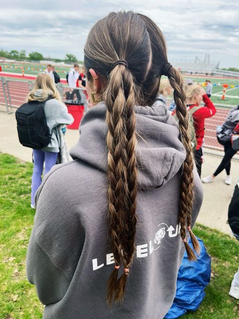 Hairstyle For Practice, Crazy Volleyball Hairstyles, Slick Back Pigtail Braids, Braided Pig Tails Hairstyles, Hair For Track, Volleyball Hairstyles Pigtails, Beach Volleyball Hairstyles, Tennis Hairstyles Long Hair, 2 Low Braids